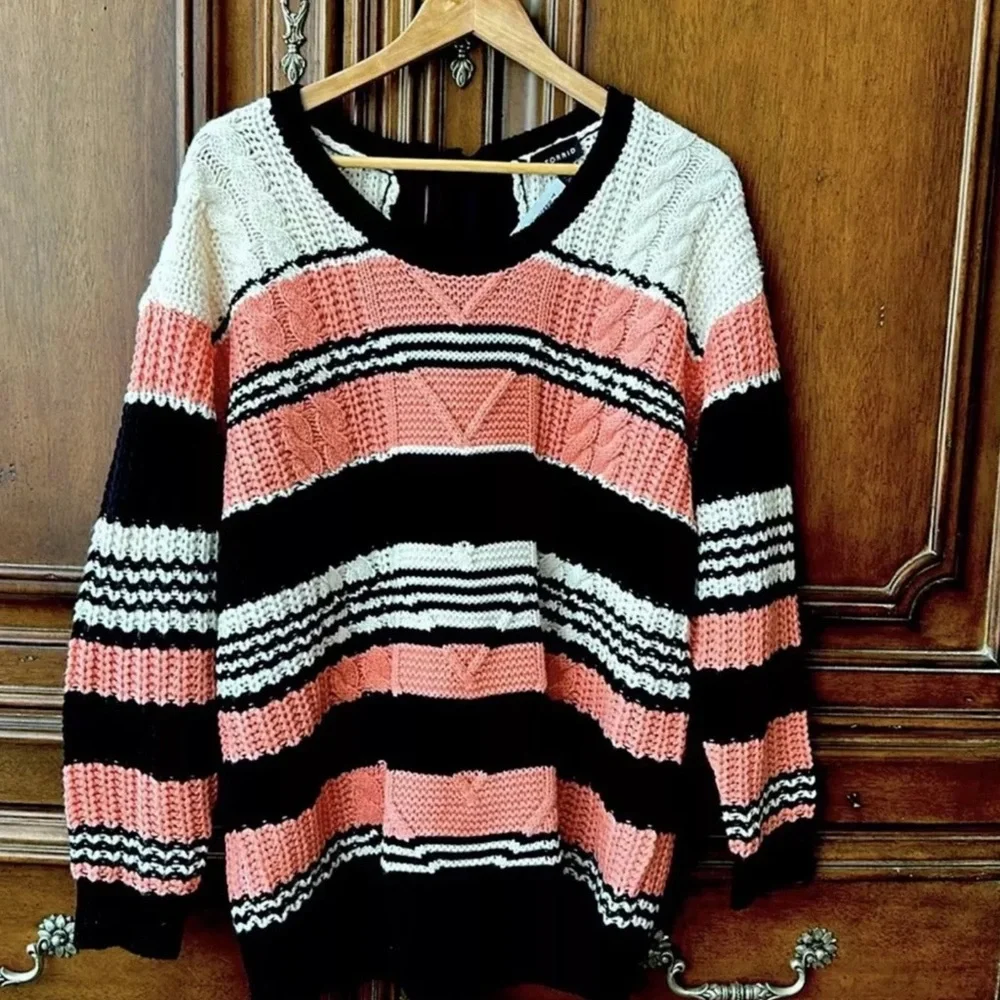 Torrid Pink Multi Stripe Cable Pullover‎ Tie Back Sweater Size 1X